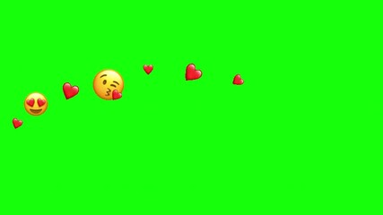 Animated blowing kiss emoji, heart-eyes emoji, and floating red hearts on a green screen, conveying digital love and affection for social media content - Powered by Adobe