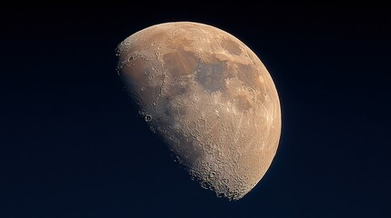 Crescent moon in dark blue sky shows surface details and lunar landscape.