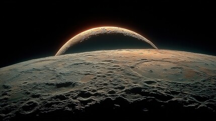 Moon surface with craters and a crescent earth rising above the horizon.