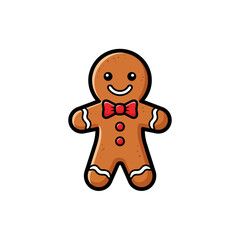 A cheerful gingerbread man with a red bow tie smiling against a white background.