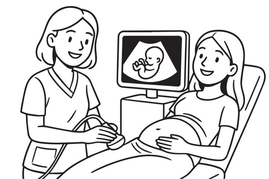 A black and white vector showing a pregnant woman lying peacefully during an ultrasound checkup ( USG), assisted by a kind nurse beside her, capturing care, trust, and maternal warmth.