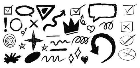 Hand drawn speech bubbles and chalk arrows set. Crayon underline, highlight, and check marks with doodle ovals and emphasis elements. Vector freehand sketch design.