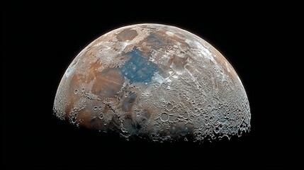 A celestial body with varied surface textures and colors against a black background.