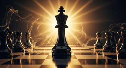 A chess board with a black king and pawns in a strategic position, illuminated by a golden light.