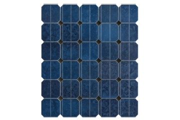 Close-up of a photovoltaic solar panel with multiple blue cells isolated with transparent background