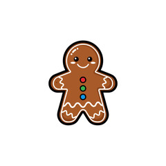 Obraz premium A cheerful, cartoon-style gingerbread man cookie with a smiling face and colorful button decorations, isolated on a white background.