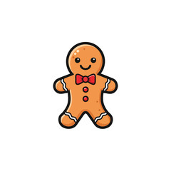 A cheerful gingerbread man with a red bow tie, smiling brightly against a white background.