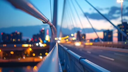 Bridge railing at twilight with city lights blurred in the background - Powered by Adobe