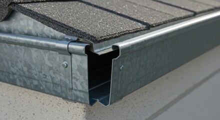 Metal rainwater collection channel attached beneath asphalt roofing shingles near building edge