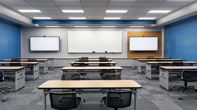 Modern empty classroom with desks, chairs, whiteboards, and large screens on blue walls Ultra Realistic Cinematic Stock Footage  4K UHD Professional Royalty Free Video