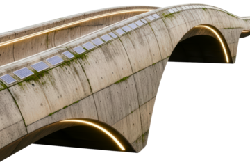 Concrete bridge with solar panels and glowing lights isolated with transparent background