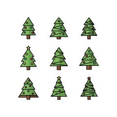 A collection of nine simple, decorated Christmas tree icons with colorful ornaments and stars, arranged in a grid.