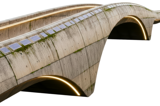 Concrete bridge with solar panels and glowing lights isolated with transparent background