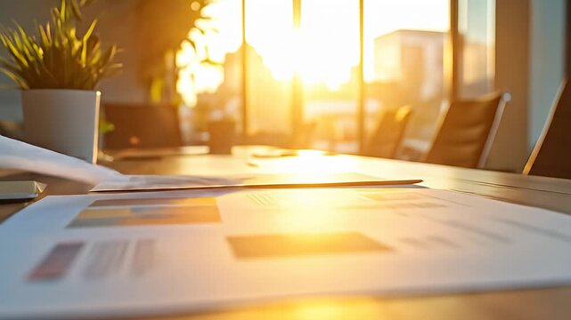 Papers on a wooden desk with office setting in the background bathed in sunlight
