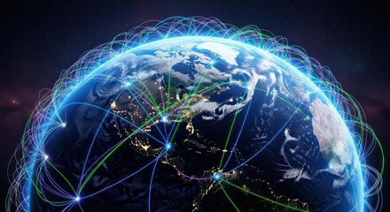 A globe with a network of lines connecting cities and countries around the world.