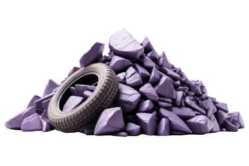 Automobile tire discarded on a large pile of purple rubble isolated with transparent background