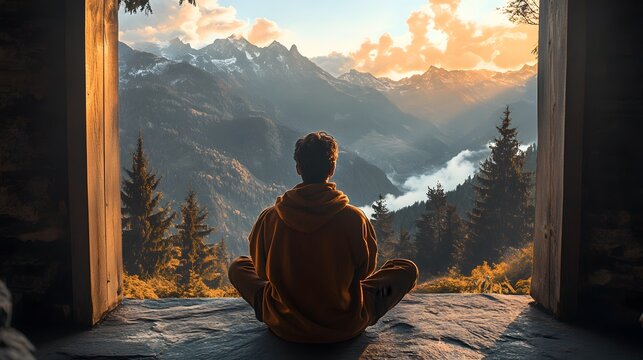 A man sits in a meditative pose overlooking a stunning mountain vista, bathed in the warm glow of the setting sun. - Powered by Adobe