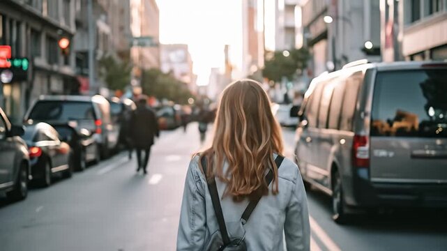 Back view of a woman walking in a busy city street with cars and buildings in the background - Powered by Adobe