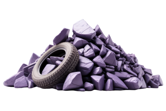 Automobile tire discarded on a large pile of purple rubble isolated with transparent background