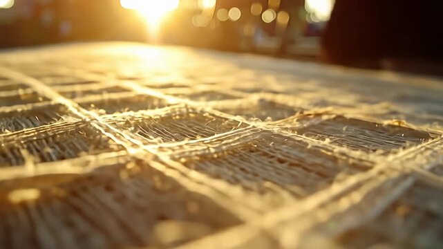 Woven rattan surface basks in golden light, with soft bokeh background blur