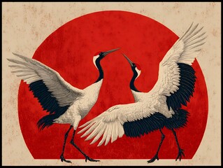 Obraz premium Two elegant red crowned cranes gracefully pose against a vibrant red sun in this artistic illustration.