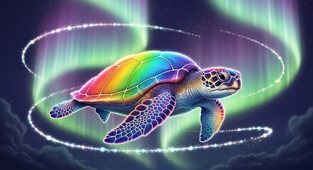 A colorful sea turtle with a rainbow shell swimming in a swirling Northern Lights pattern.