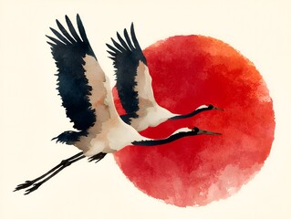 Naklejka premium Two graceful cranes fly in front of a large vibrant red sun painted in a watercolor style design art.