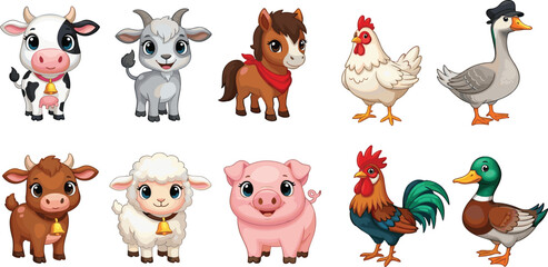 Cute Farm Animal Collection Cartoon Cow, Sheep, Pig & More