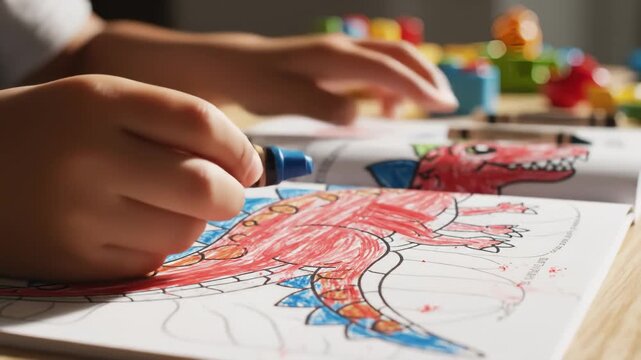 Child Coloring Dinosaur Drawing With Crayons on Table