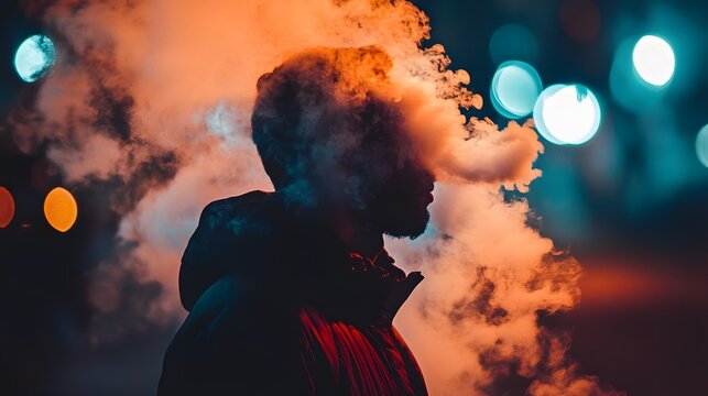 A man stands in the night, shrouded in vapor from a vape, with colorful bokeh lights in the background.