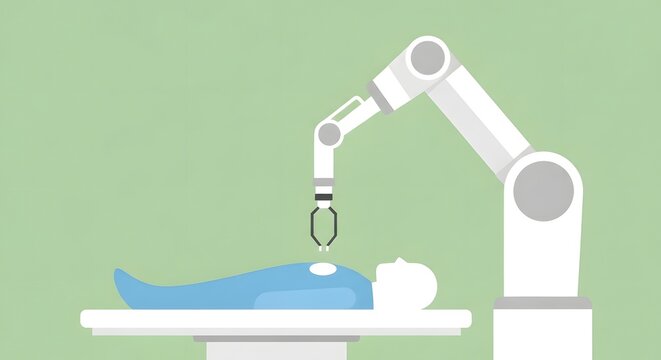 Modern robotic arm illustration performing delicate procedure on stylized human figure lying on operating table representing automation in healthcare industry precision 
