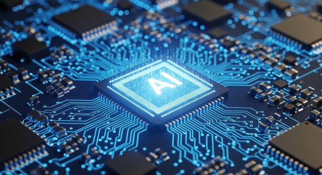 A computer chip with the letters 'AI' in the center, surrounded by other electronic components on a blue circuit board.