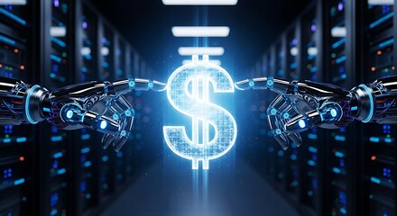 Robotic arms manipulate digital dollar sign in modern server room