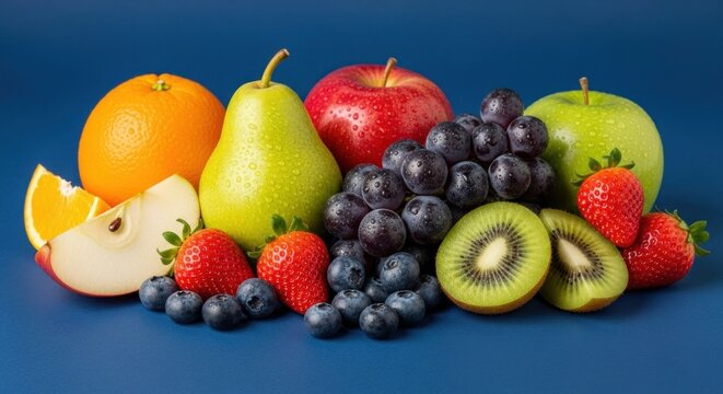A colorful assortment of fruits including apples, pears, oranges, and strawberries on a blue background.
