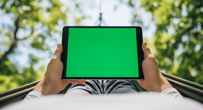 Person relaxing in hammock holding a tablet with a green screen outdoors in nature