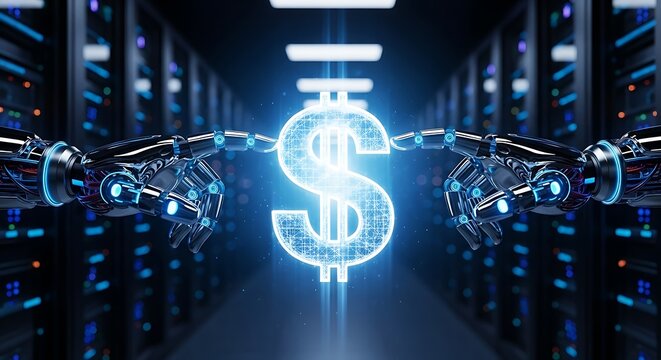 Robotic arms manipulate digital dollar sign in modern server room - Powered by Adobe