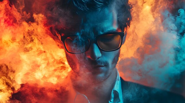 A man with sunglasses stands in front of a background of red and blue smoke. - Powered by Adobe
