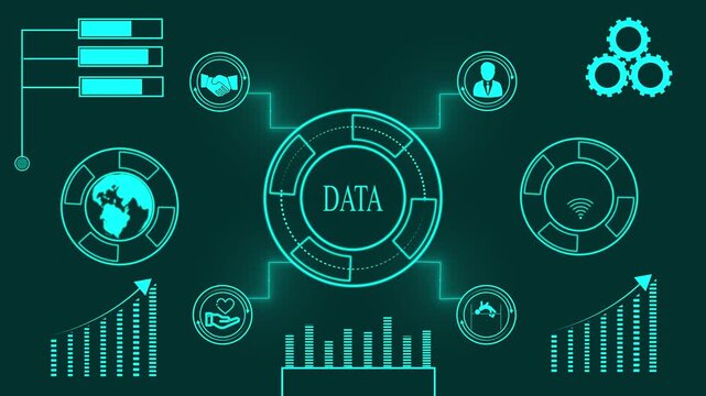 Central data icon with global network and business analytics graphics in teal information database - Powered by Adobe