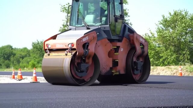 Road roller compacting asphalt on a sunny day
