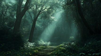 A misty forest path with sunlight breaking through the canopy.