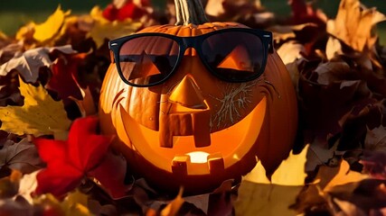 Jack-o'-lantern with sunglasses sits amidst colorful autumn leaves, lit from within