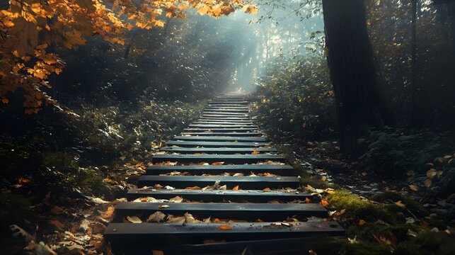 A misty forest path with wooden steps leading up to a bright light through the trees.