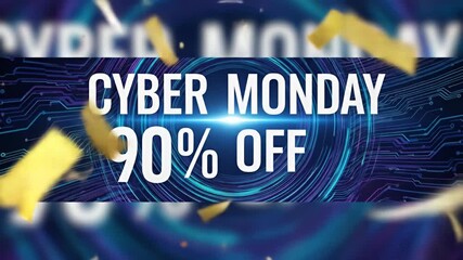 Cyber Monday 90% off promo with circuit background and falling gold confetti pieces