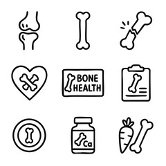 A set of doodle line icons focused on bone health, showing joints, supplements, nutrition, X-rays, and broken bones