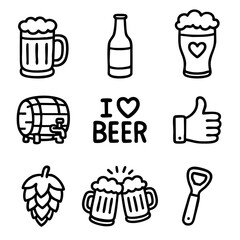 A set of doodle line icons related to beer, featuring mugs, bottles, hops, barrels, openers, and celebration elements