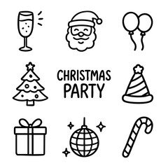 A set of doodle line icons themed around a Christmas party, showing Santa, gifts, balloons, hats, candy canes, and decor