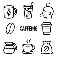 A set of doodle line icons related to caffeine, featuring coffee mugs, beans, takeaway cups, energy boosts, and hot drinks
