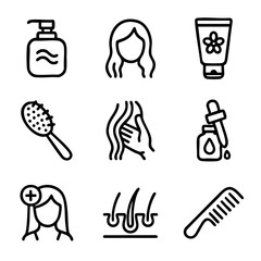 A set of doodle line icons illustrating hair care, with shampoo, conditioner, combs, scalp treatment, oil, and healthy hair