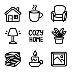 A set of doodle line icons representing cozy home elements, including coffee, books, candles, plants, lamps, and furniture