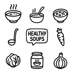 A set of doodle line icons showing healthy soups with steaming bowls, ladles, jars, vegetables like carrots, onions, and cabbage